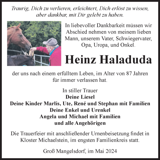 Traueranzeige von Heinz Haladuda von Volksstimme Burg/Genthin