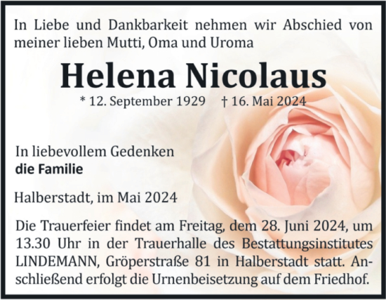 Traueranzeige von Helena Nicolaus von Volksstimme Halberstadt
