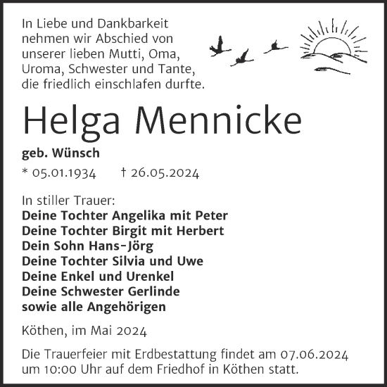 Traueranzeige von Helga Mennicke von Mitteldeutsche Zeitung Köthen