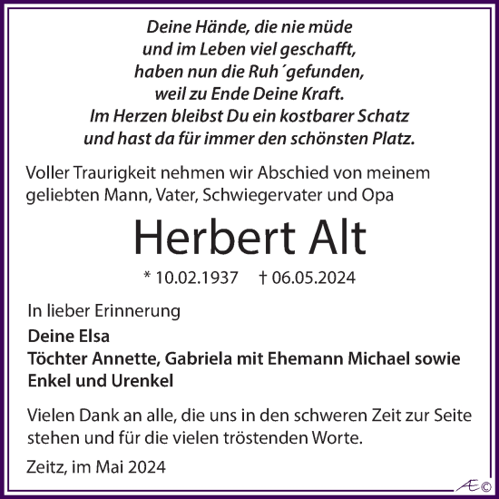 Traueranzeige von Herbert Alt von Trauerkombi Zeitz