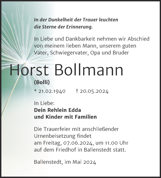 Traueranzeige von Horst Bollmann von Trauerkombi Quedlinburg