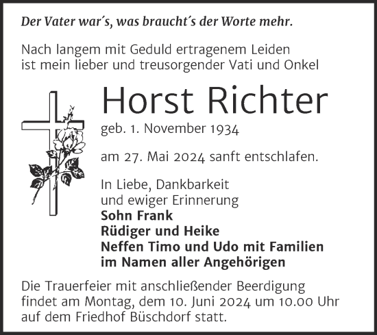 Traueranzeige von Horst Richter von Mitteldeutsche Zeitung Halle/Saalkreis