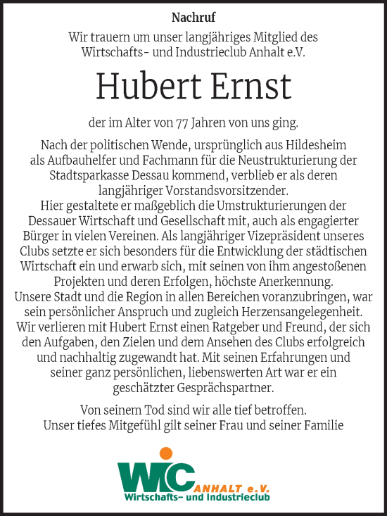 Traueranzeige von Hubert Ernst von Super Sonntag Dessau-Roßlau