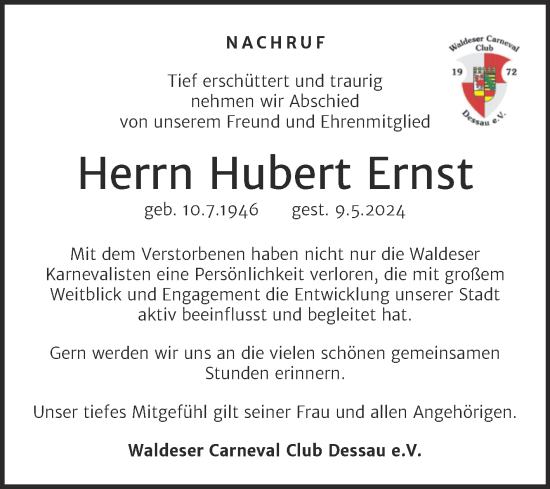 Traueranzeige von Hubert Ernst von Trauerkombi Dessau