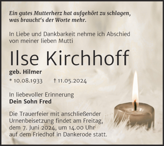 Traueranzeige von Ilse Kirchhoff von Trauerkombi Quedlinburg