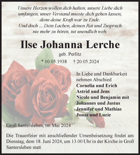 Traueranzeige von Ilse Johanna Lerche von Volksstimme Haldensleben/Wolmirstedt