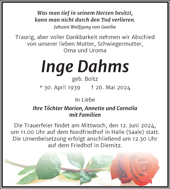 Traueranzeige von Inge Dahms von Mitteldeutsche Zeitung Halle/Saalkreis