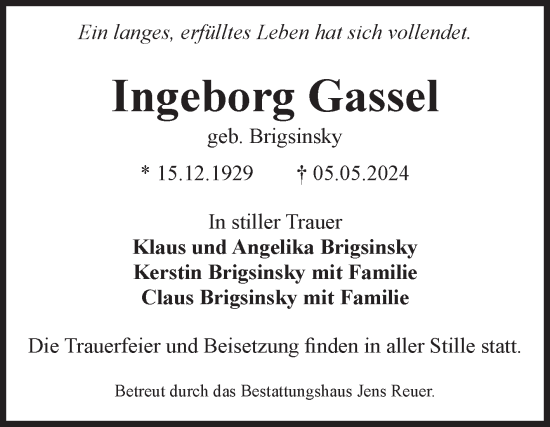 Traueranzeige von Ingeborg Gassel von Volksstimme Magdeburg