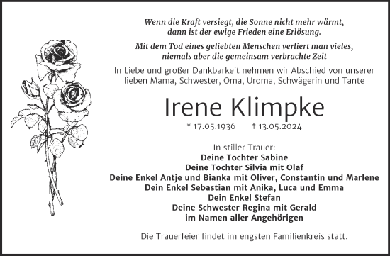 Traueranzeige von Irene Klimpke von Trauerkombi Wittenberg