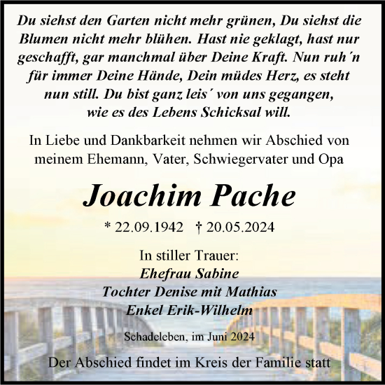 Traueranzeige von Joachim Pache von Trauerkombi Aschersleben
