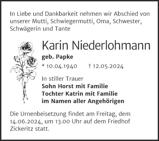 Traueranzeige von Karin Niederlohmann von Trauerkombi Bernburg