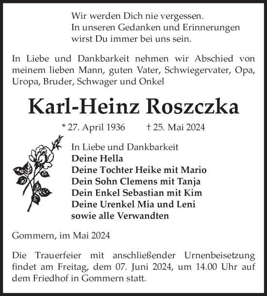Traueranzeige von Karl-Heinz Roszczka von Volksstimme Burg/Genthin