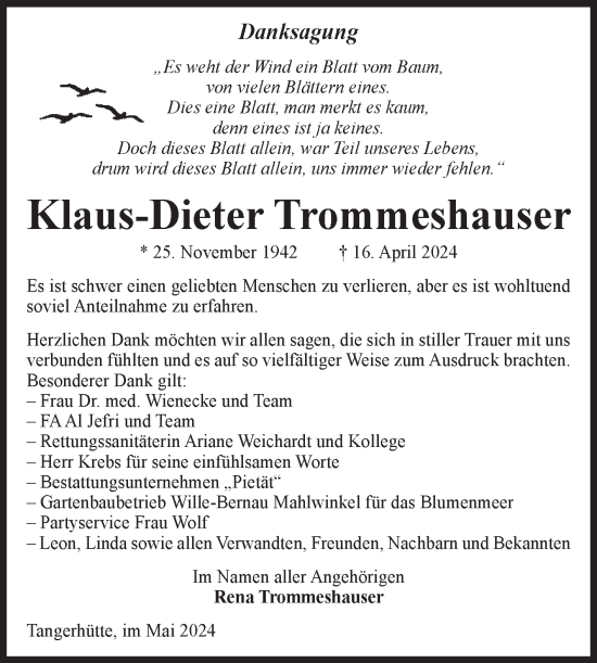 Traueranzeige von Klaus-Dieter Trommeshauser von Volksstimme Altmark Ost
