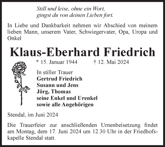 Traueranzeige von Klaus-Eberhard Friedrich von Volksstimme Altmark Ost