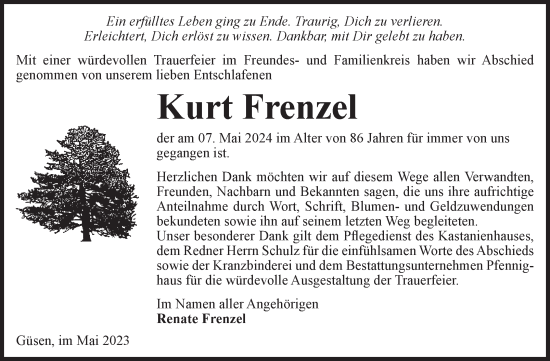 Traueranzeige von Kurt Frenzel von Volksstimme Burg/Genthin