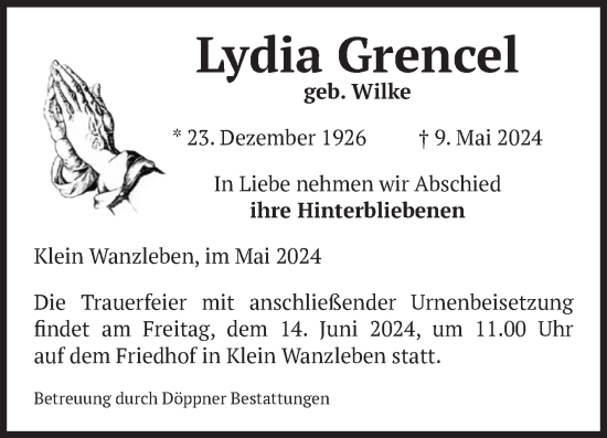 Traueranzeige von Lydia Grencel von Volksstimme Oschersleben/Wanzleben
