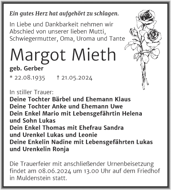 Traueranzeige von Margot Mieth von Trauerkombi Bitterfeld