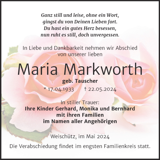 Traueranzeige von Maria Markworth von Naumburger Tageblatt