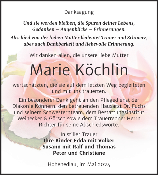 Traueranzeige von Marie Köchlin von Trauerkombi Bernburg