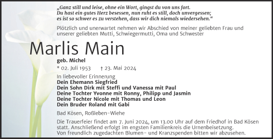 Traueranzeige von Marlis Main von Super Sonntag Naumburg/Nebra