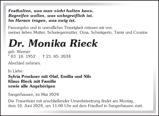 Traueranzeige von Monika Rieck von Trauerkombi Sangerhausen