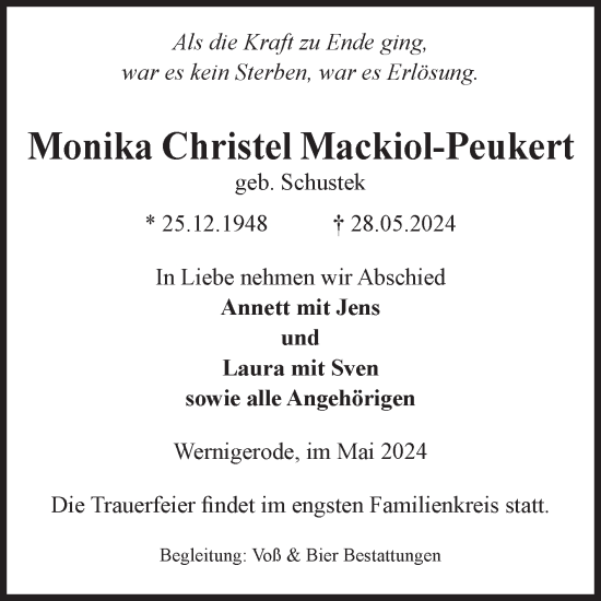 Traueranzeige von Monika Christel Mackiol-Peukert von Volksstimme Wernigerode