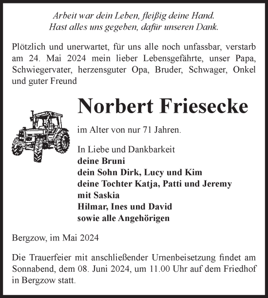 Traueranzeige von Norbert Friesecke von Volksstimme Burg/Genthin