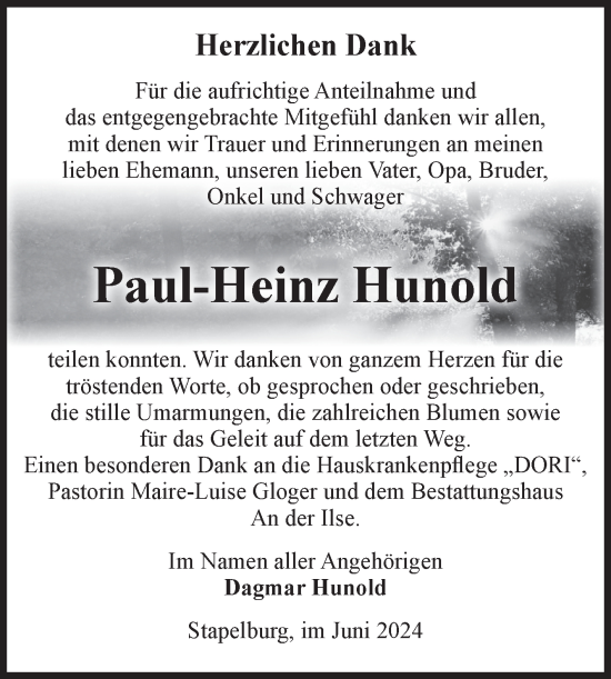 Traueranzeige von Paul-Heinz Hunold von Volksstimme Wernigerode