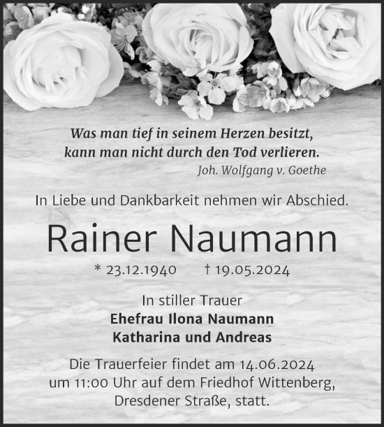 Traueranzeige von Rainer Naumann von Trauerkombi Wittenberg