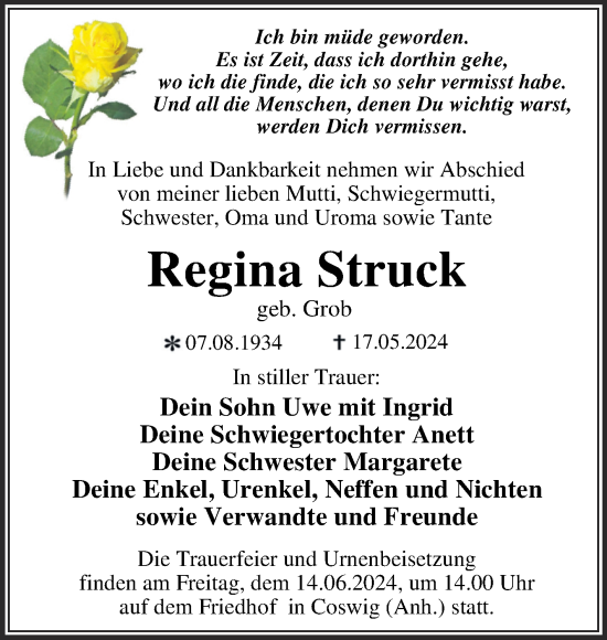 Traueranzeige von Regina Struck von Trauerkombi Wittenberg