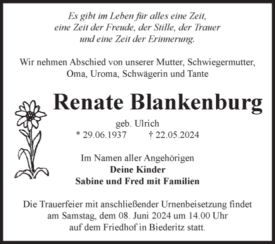 Traueranzeige von Renate Blankenburg von Volksstimme Burg/Genthin