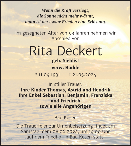 Traueranzeige von Rita Deckert von Super Sonntag Naumburg/Nebra