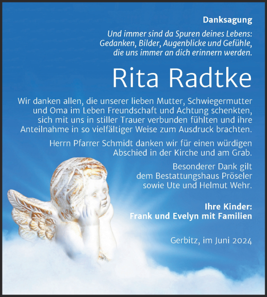 Traueranzeige von Rita Radtke von Trauerkombi Bernburg