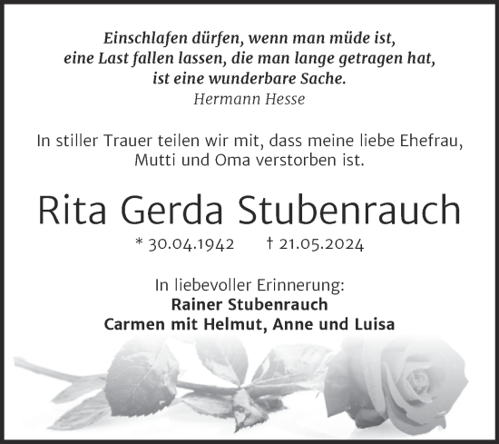 Traueranzeige von Rita Gerda Stubenrauch von Mitteldeutsche Zeitung Halle/Saalkreis
