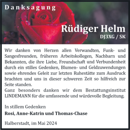 Traueranzeige von Rüdiger Helm von Volksstimme Halberstadt