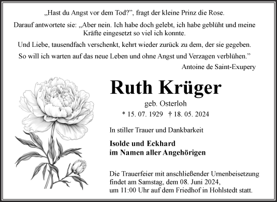 Traueranzeige von Ruth Krüger von Trauerkombi Sangerhausen