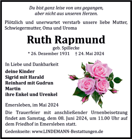 Traueranzeige von Ruth Rapmund von Volksstimme Halberstadt