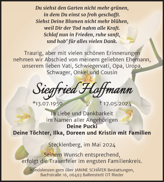 Traueranzeige von Siegfried Hoffmann von Trauerkombi Quedlinburg