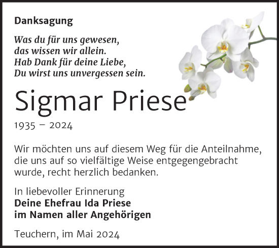 Traueranzeige von Sigmar Priese von Trauerkombi Weißenfels