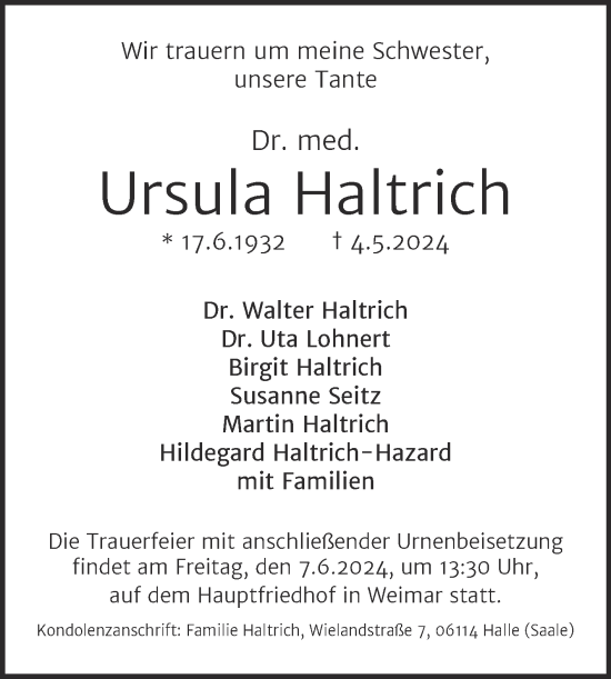 Traueranzeige von Ursula Haltrich von Mitteldeutsche Zeitung Halle/Saalkreis