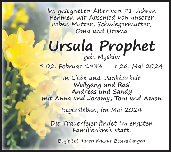 Traueranzeige von Ursula Prophet von Volksstimme Staßfurt