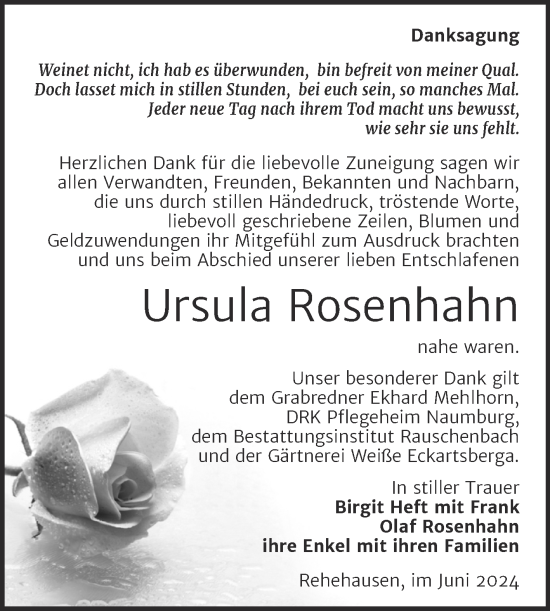 Traueranzeige von Ursula Rosenhahn von Super Sonntag Naumburg/Nebra