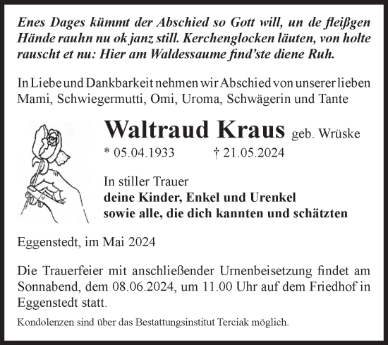 Traueranzeige von Waltraud Kraus von Volksstimme Oschersleben/Wanzleben