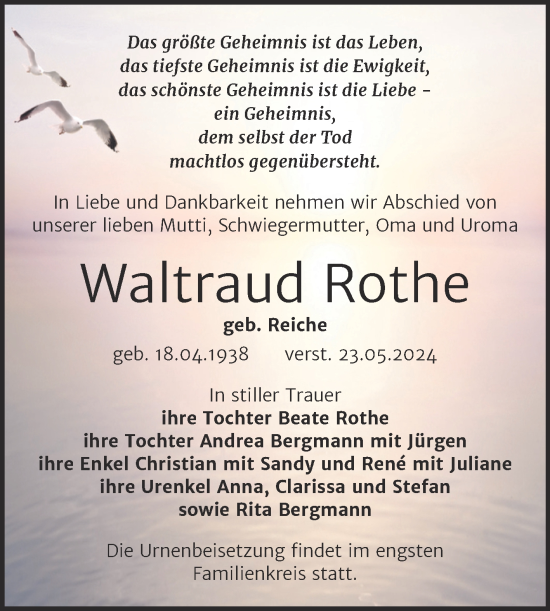 Traueranzeige von Waltraud Rothe von Super Sonntag Naumburg/Nebra
