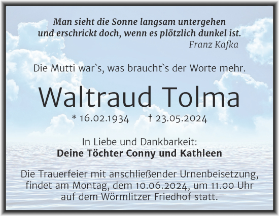 Traueranzeige von Waltraud Tolma von Mitteldeutsche Zeitung Halle/Saalkreis