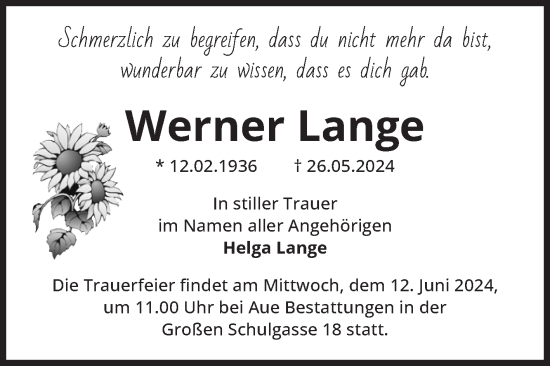 Traueranzeige von Werner Lange von Volksstimme Magdeburg