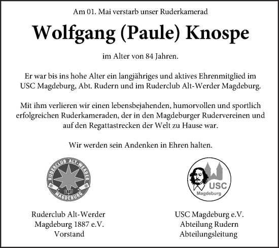 Traueranzeige von Wolfgang Knospe von Volksstimme Magdeburg