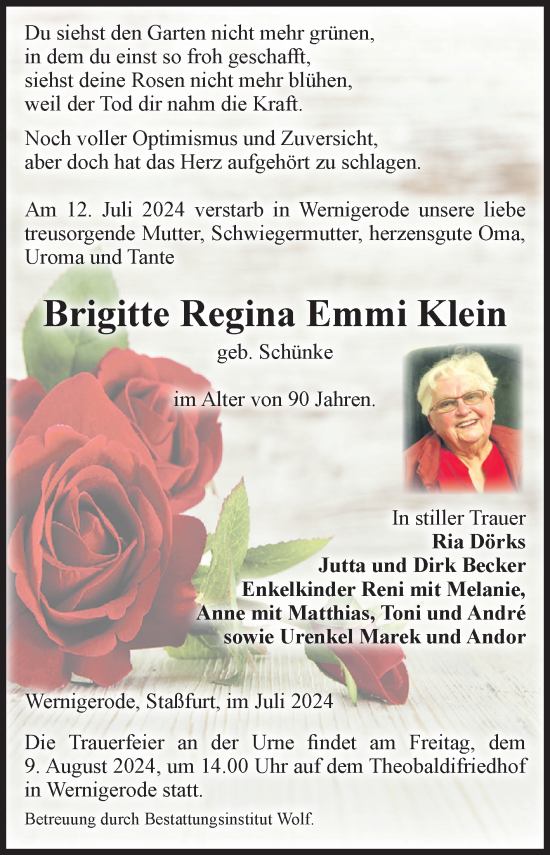 Traueranzeige von Brigitte Regina Emmi Klein von Volksstimme Staßfurt