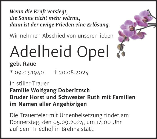Traueranzeige von Adelheid Opel von Trauerkombi Bitterfeld