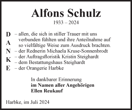 Traueranzeige von Alfons Schulz von Volksstimme Oschersleben/Wanzleben